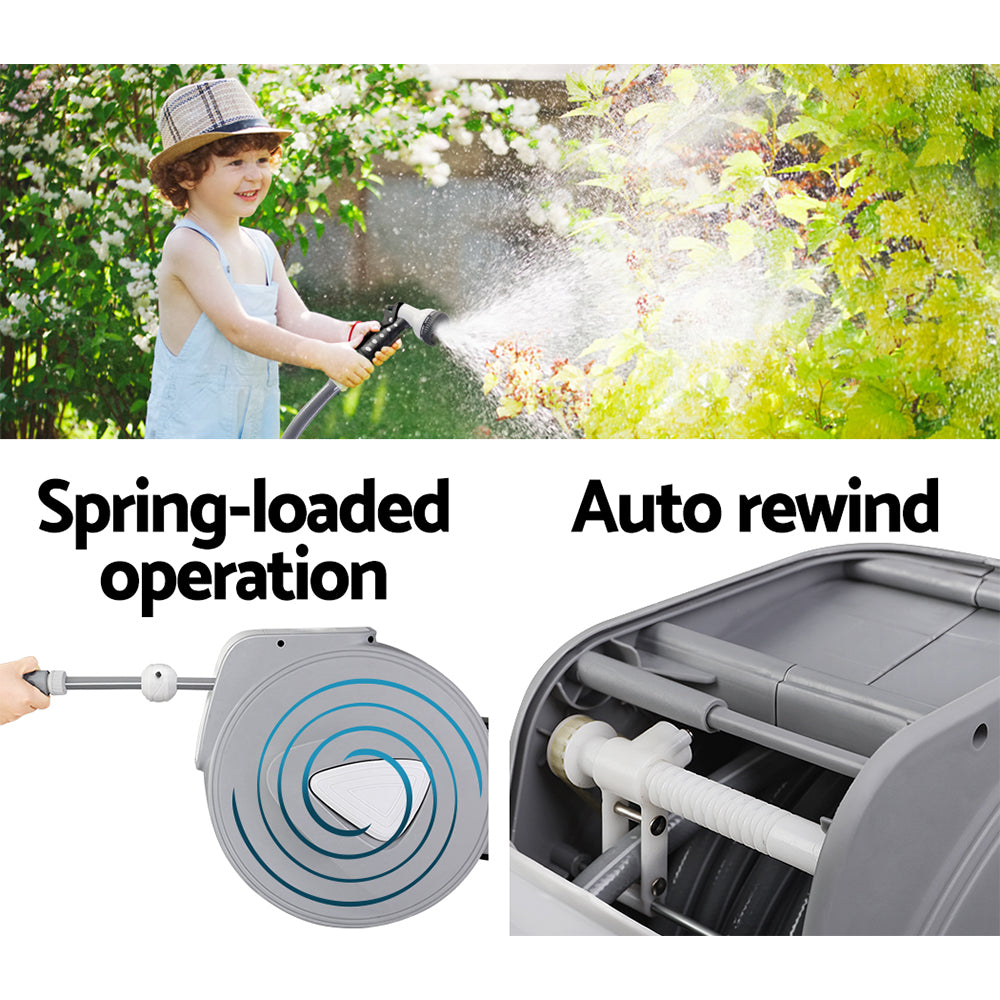 Automatic hose rewind system keeping garden hoses neat and tangle-free