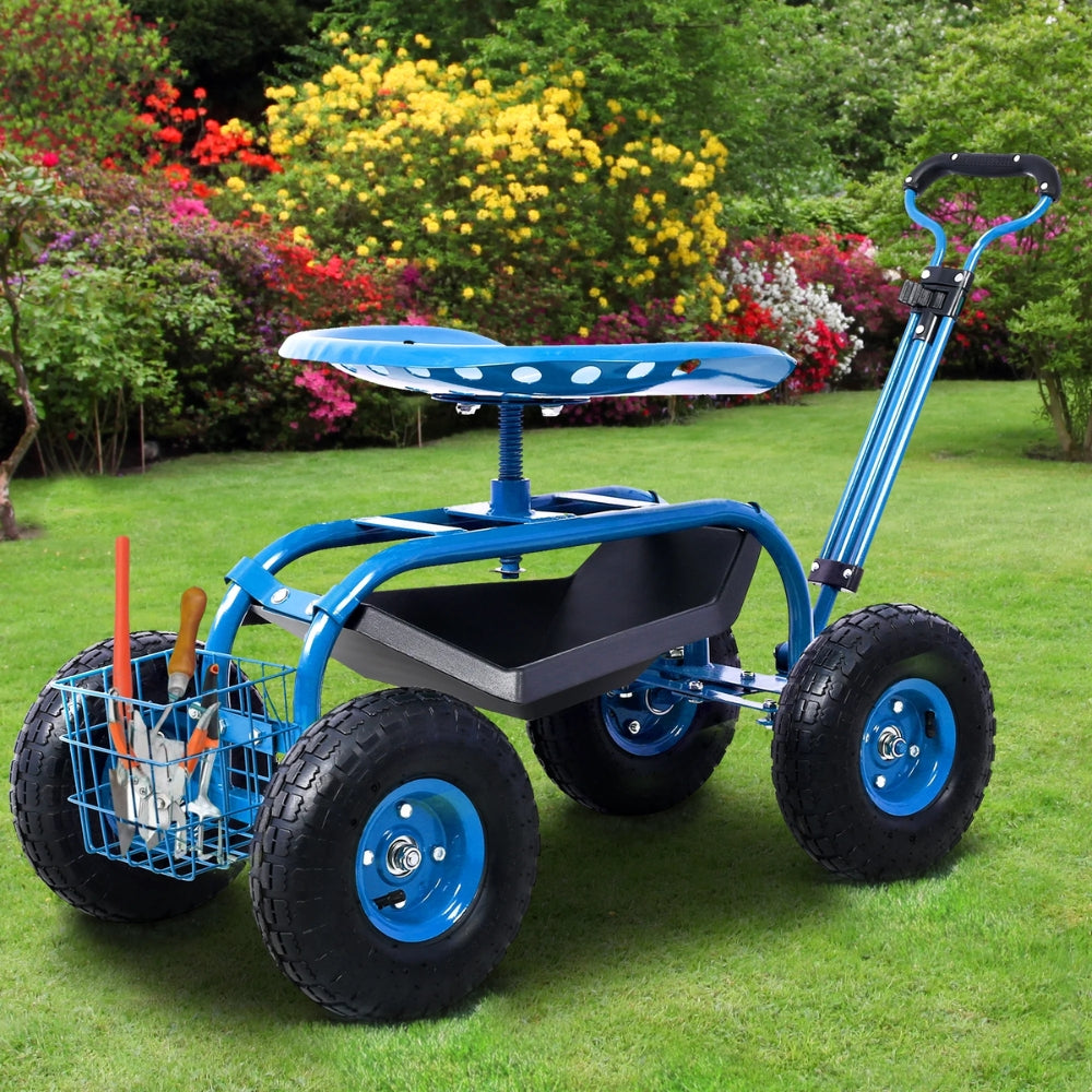 Full view of blue rolling garden cart with seat, wheels, handle, and storage basket