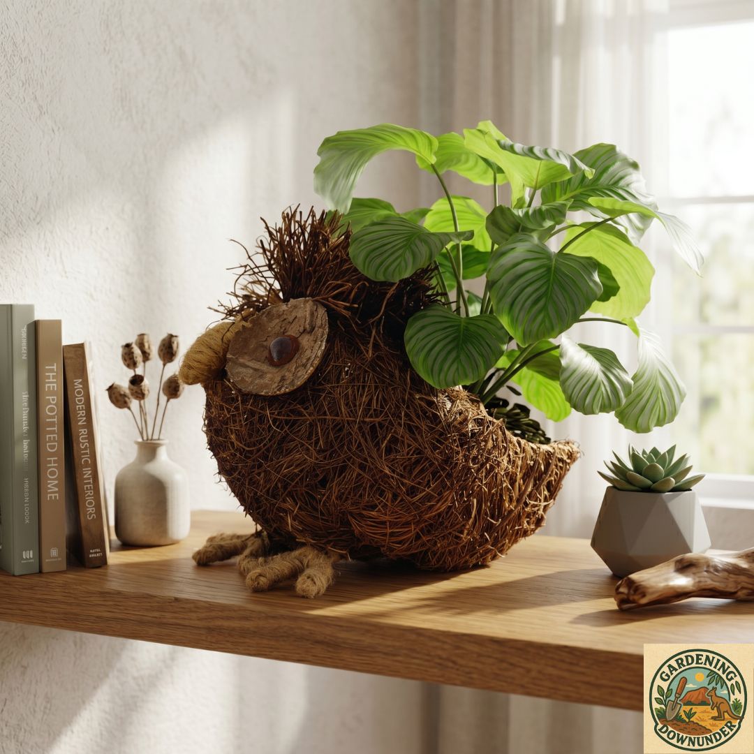 Decorative owl-shaped planter filled with green foliage adding charm and character to garden spaces.