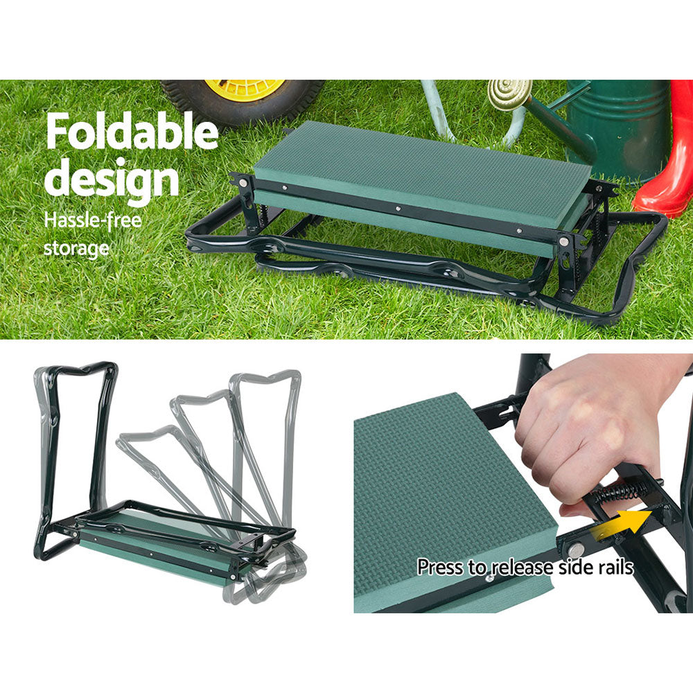 Compact garden kneeler chair folded flat with built-in carry handle