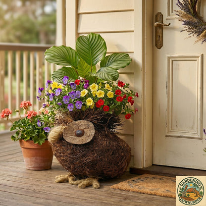 Handmade-style owl planter crafted from natural twigs, perfect for displaying indoor and outdoor plants.