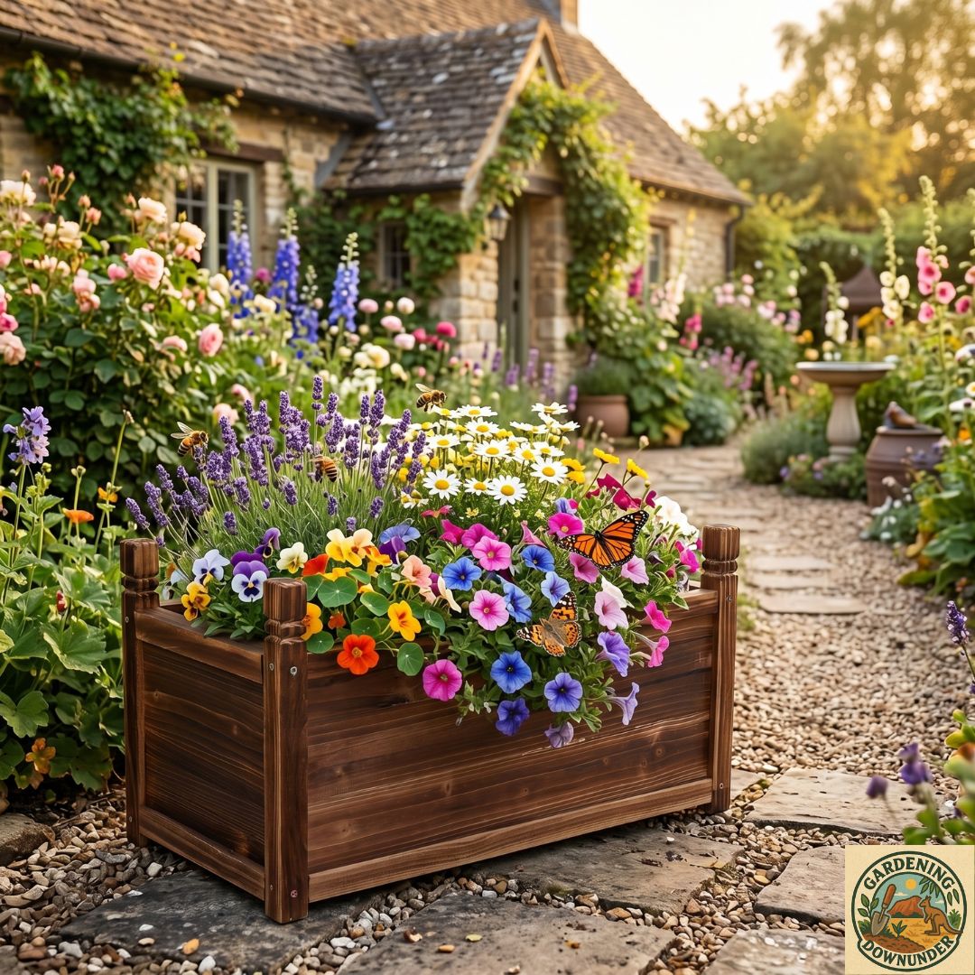 Raised wooden planter box growing lettuce, kale and vegetables in a compact garden