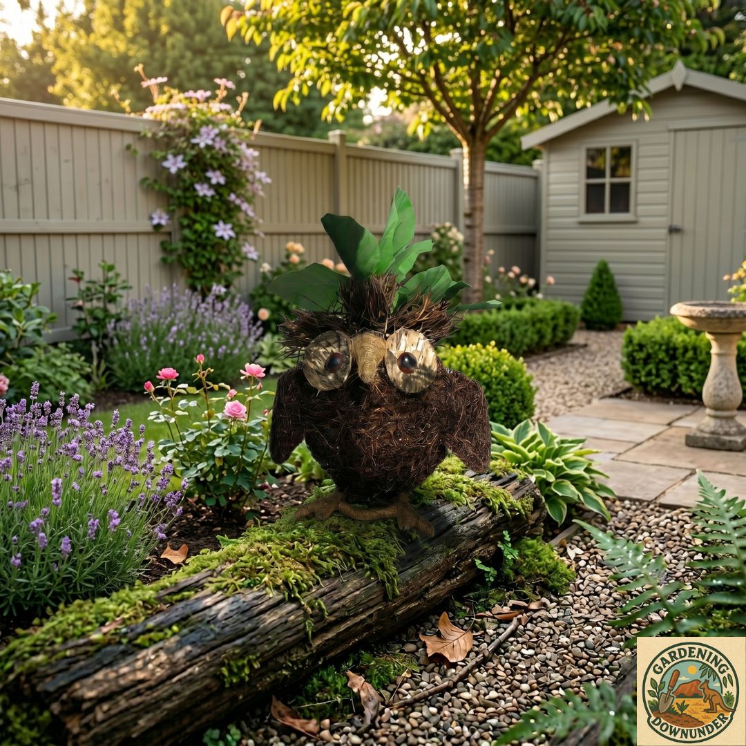 Rustic owl planter made from natural twigs and bark displaying lush greenery in a garden setting.