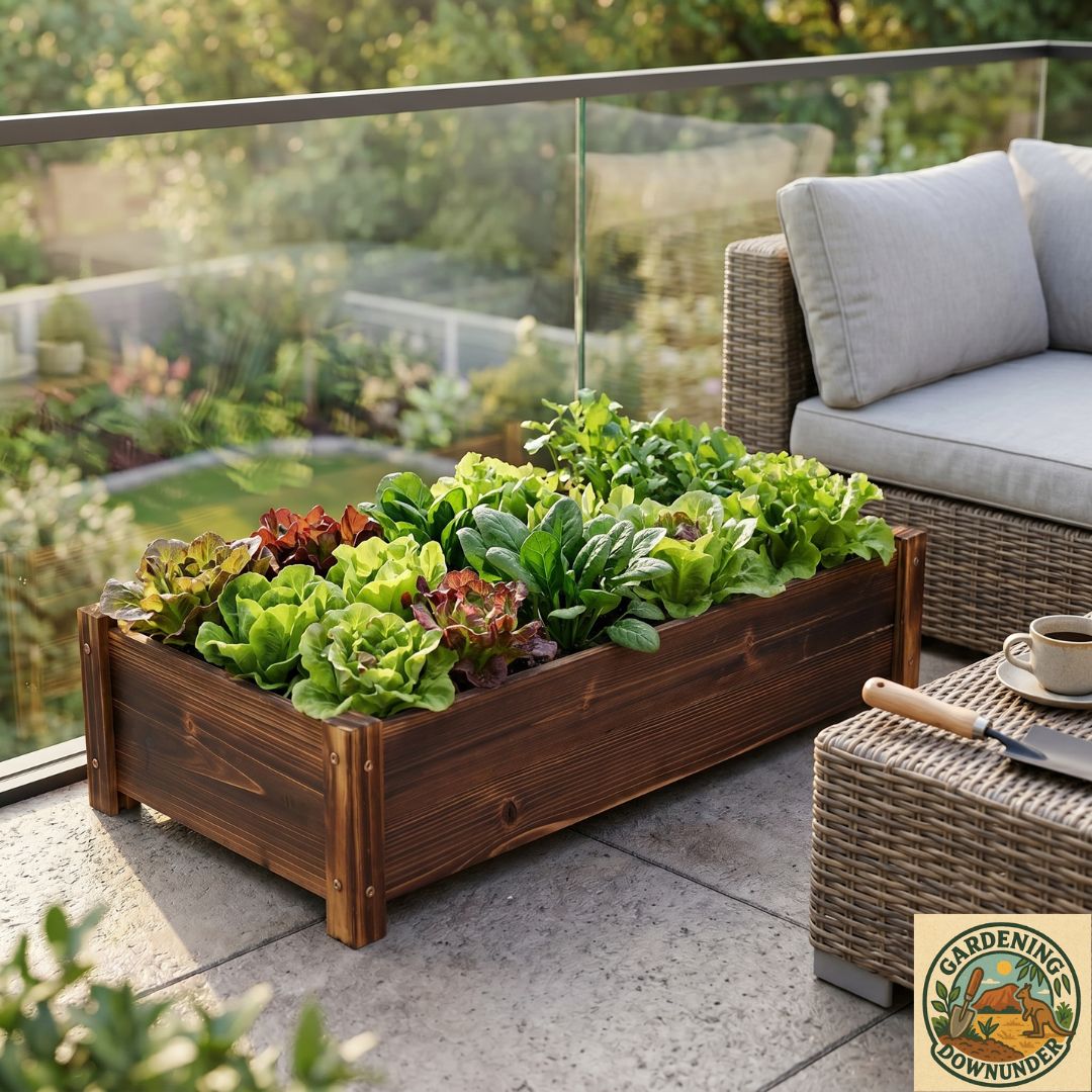 Rustic timber garden planter growing leafy vegetables and herbs in an outdoor garden setting.