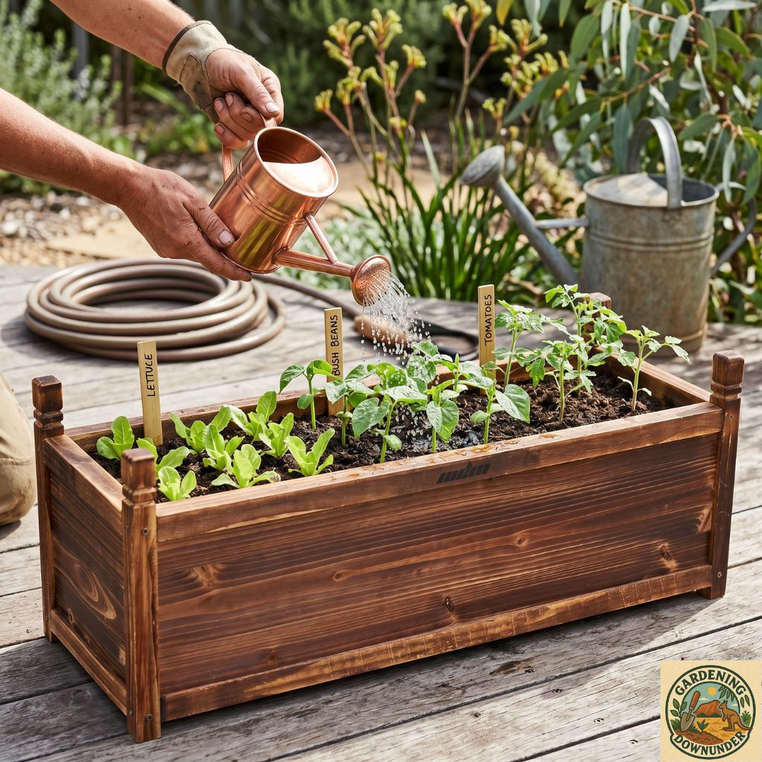 Eco-friendly wooden planter box growing fresh vegetables in an Australian backyard