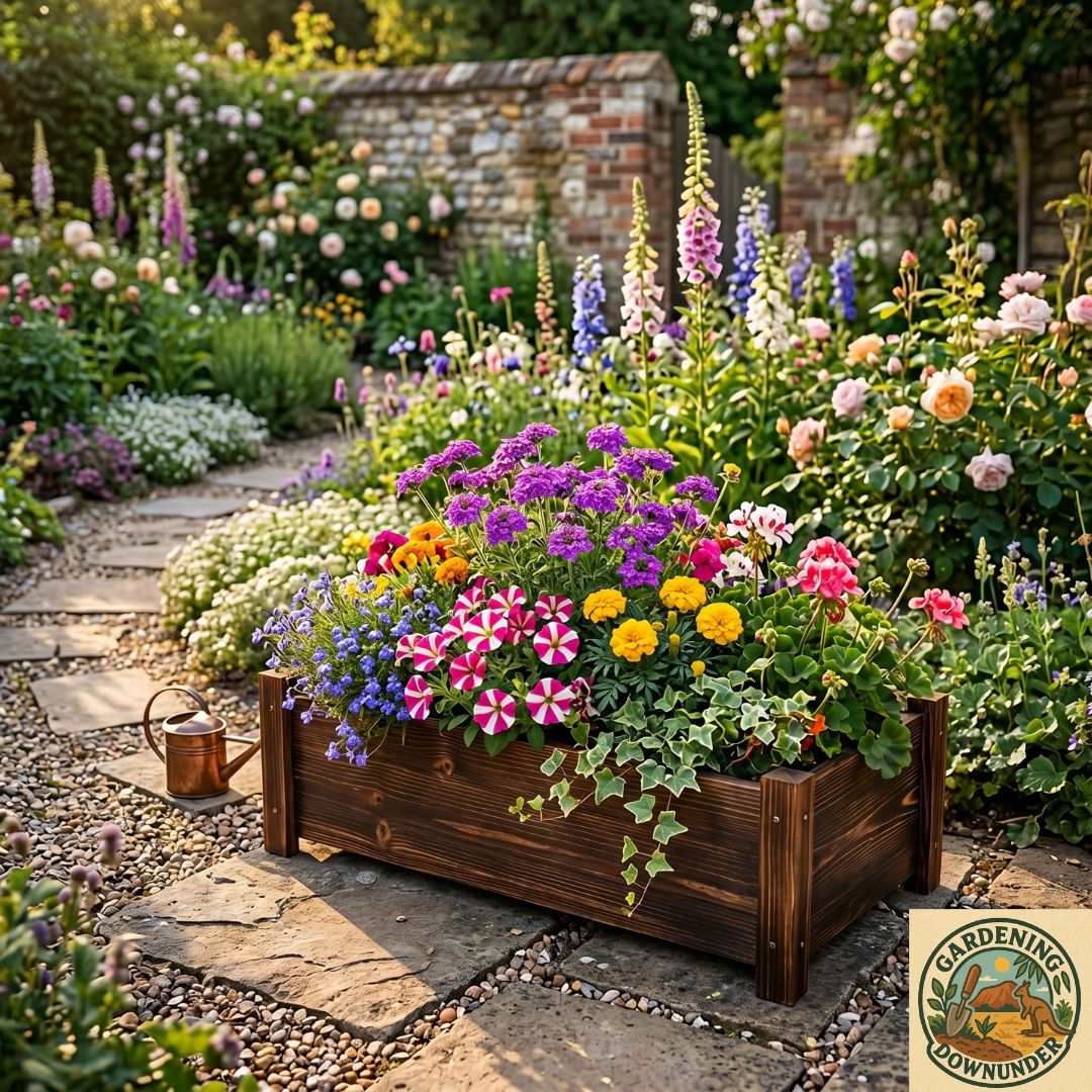 Wooden planter box overflowing with colourful flowers beside a cottage garden pathway.