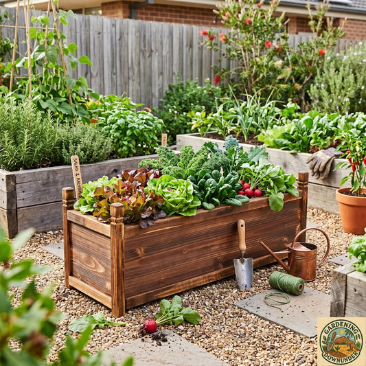 Wooden garden planter box filled with fresh herbs on a sunny backyard deck