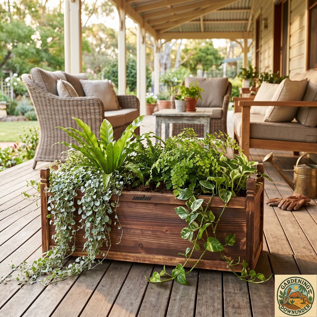 Wooden raised planter box on an outdoor patio with outdoor furniture in the background.