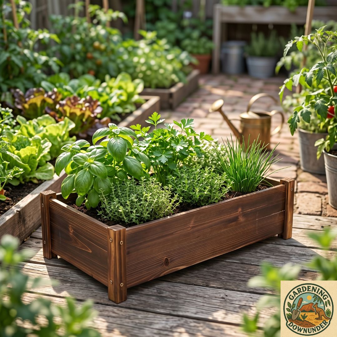 Wooden raised garden planter box filled with fresh herbs in a sunny backyard kitchen garden.
