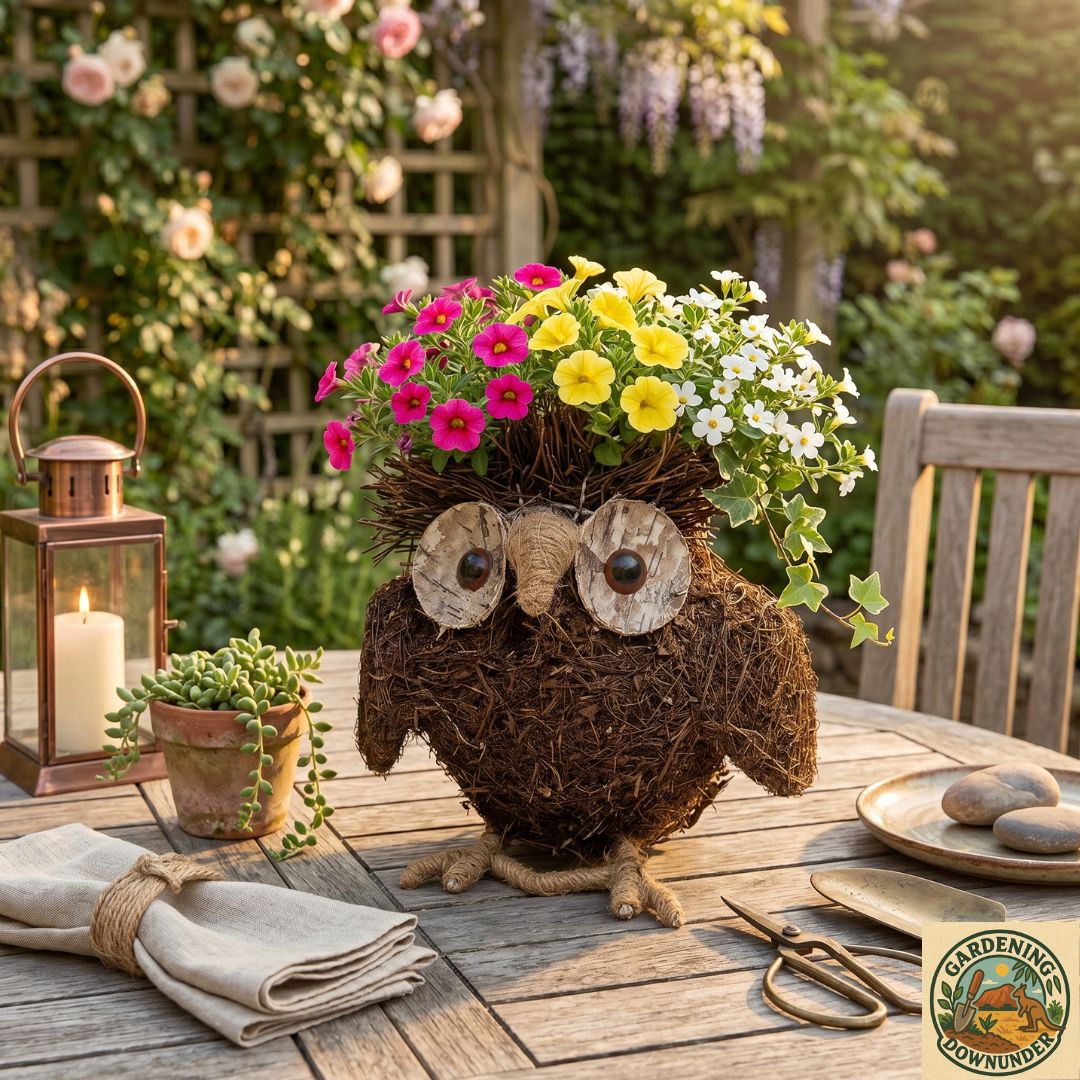 Woodland-inspired owl planter made from natural materials enhancing cottage gardens and outdoor décor.